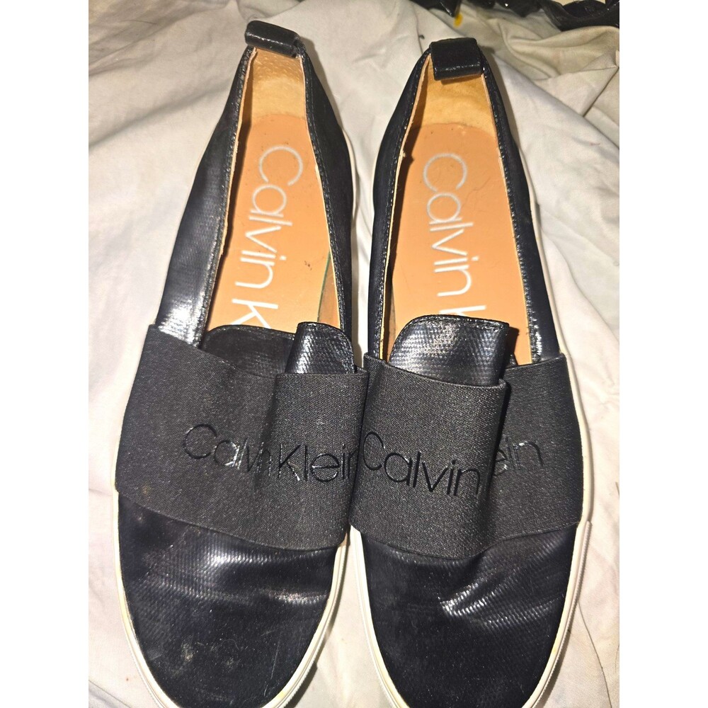 Calvin Klein Women’s Black Leather Slip-On Flats Logo Accent US 6 EU 36